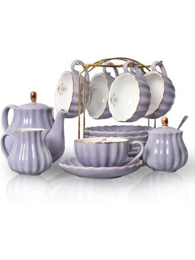 Elegant Porcelain Tea Set for 6 - 8oz Cups, Teapot, Sugar Bowl & Creamer, Purple